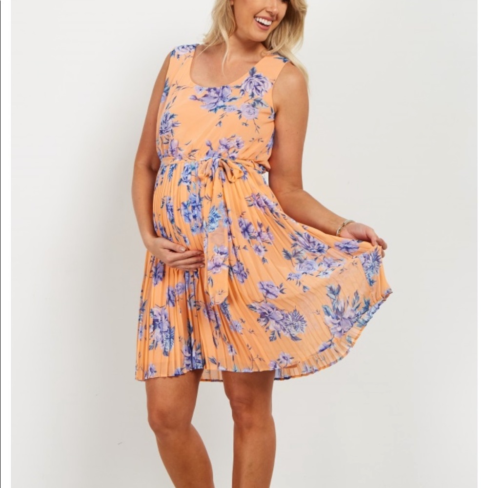 Peach Pleated Sash Maternity Dress
